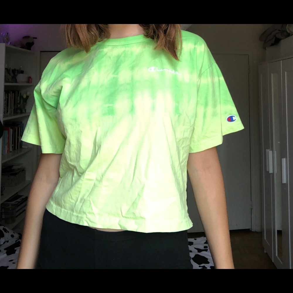 neon green champion tie-dye t-shirt